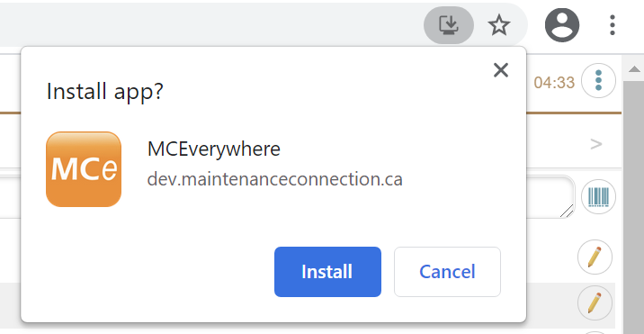 MCe Install Prompt in Chrome